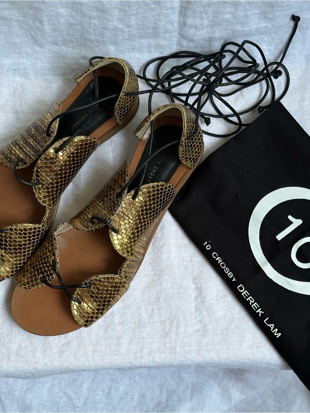 10 Crosby by Derek Lam Gold Snakeskin Lace Up Sandal Size 8M